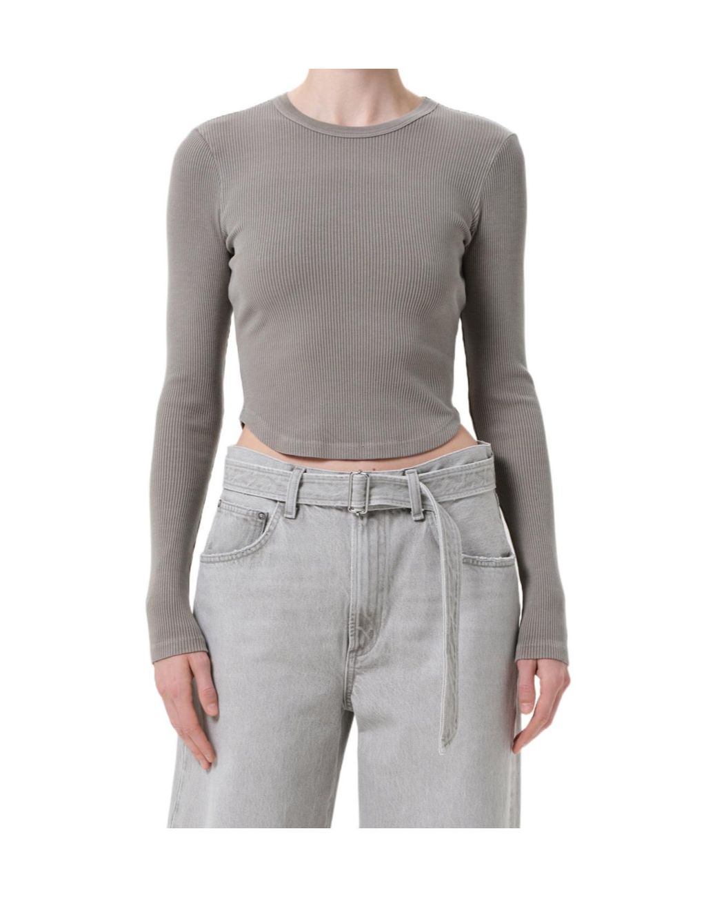 Agolde Gray Ribbed Long-Sleeve Top