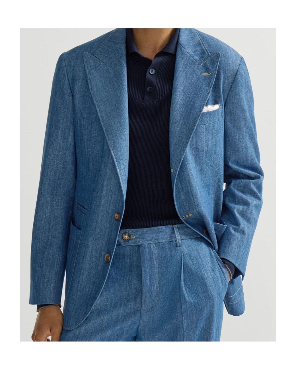 Brunello Cucinelli Blue Lightweight Denim Deconstructed Peak-Lapel Blazer With Patch Pockets for men