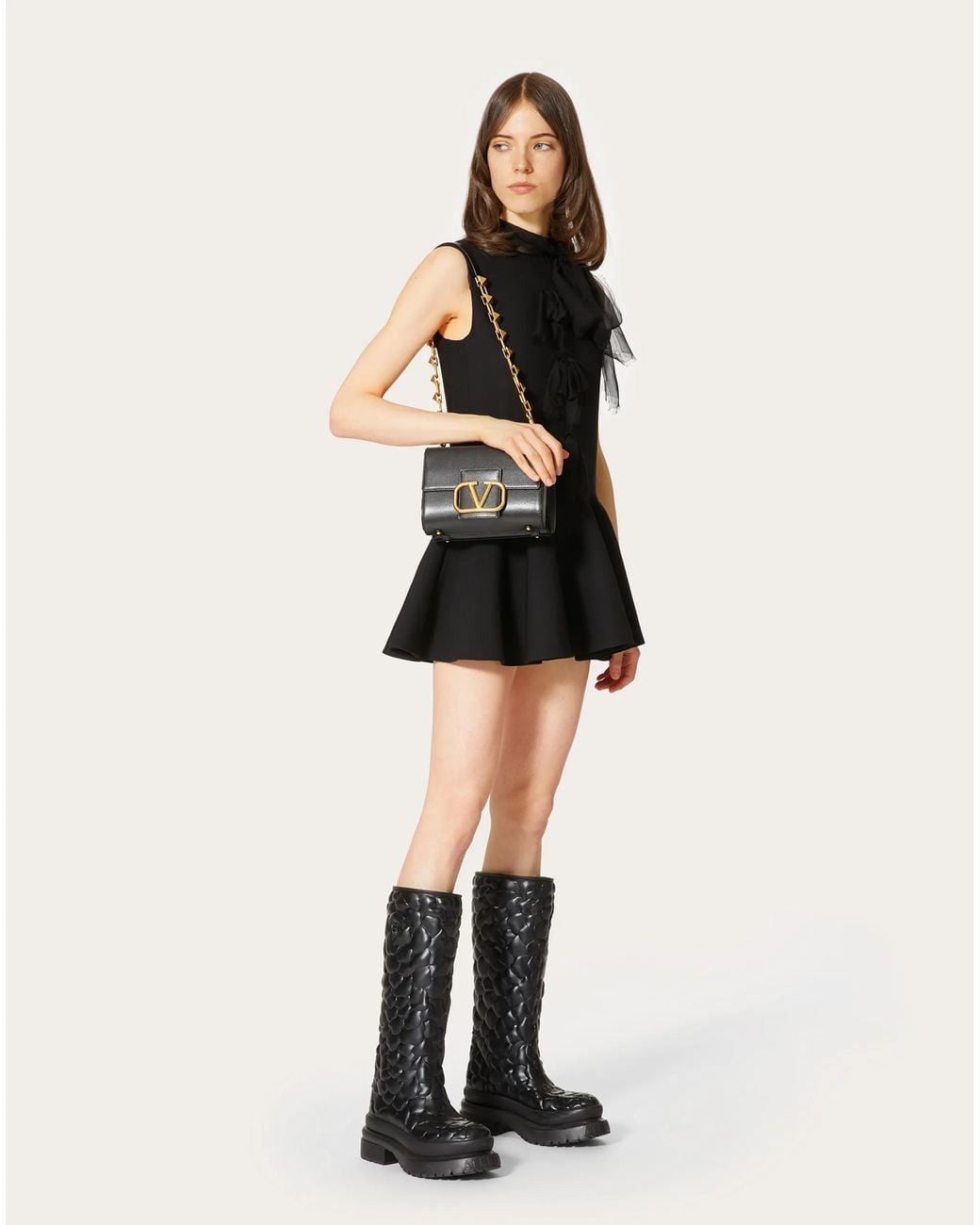 Valentino Black Pussybow-Collar Ruffle-Detail Shift Dress