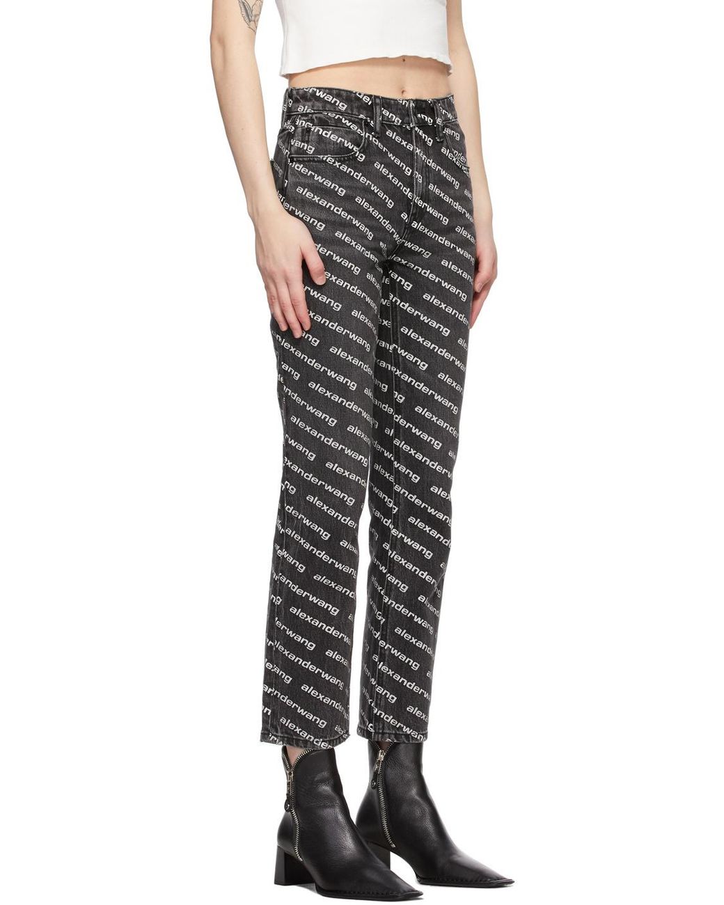 Alexander Wang Gray Mid-Rise Logo-Print Flared Trousers