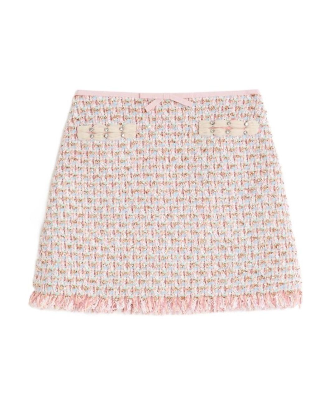 Valentino Natural Bow Detailed Frayed Hem Tweed Skirt