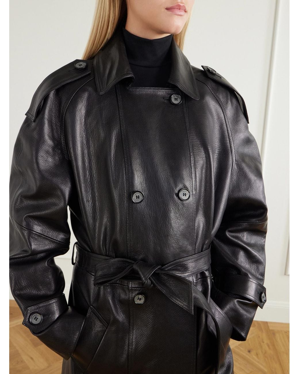 Magda Butrym Black Double-Breasted Full-Grain Leather Trench Coat