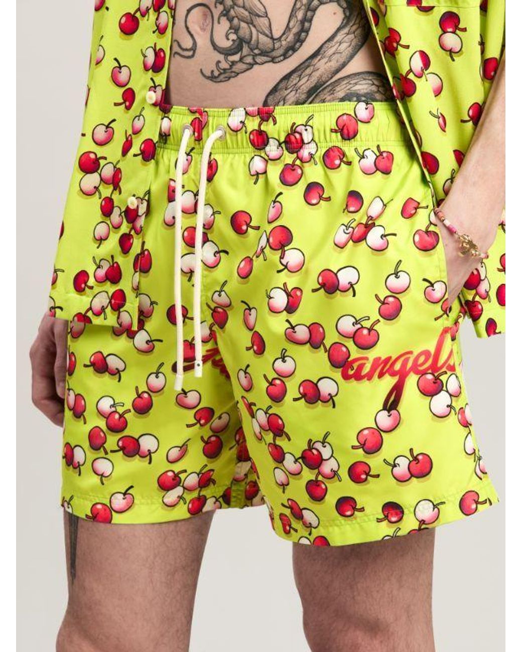 Palm Angels Yellow Cherries Printed Drawstring Swimshorts for men