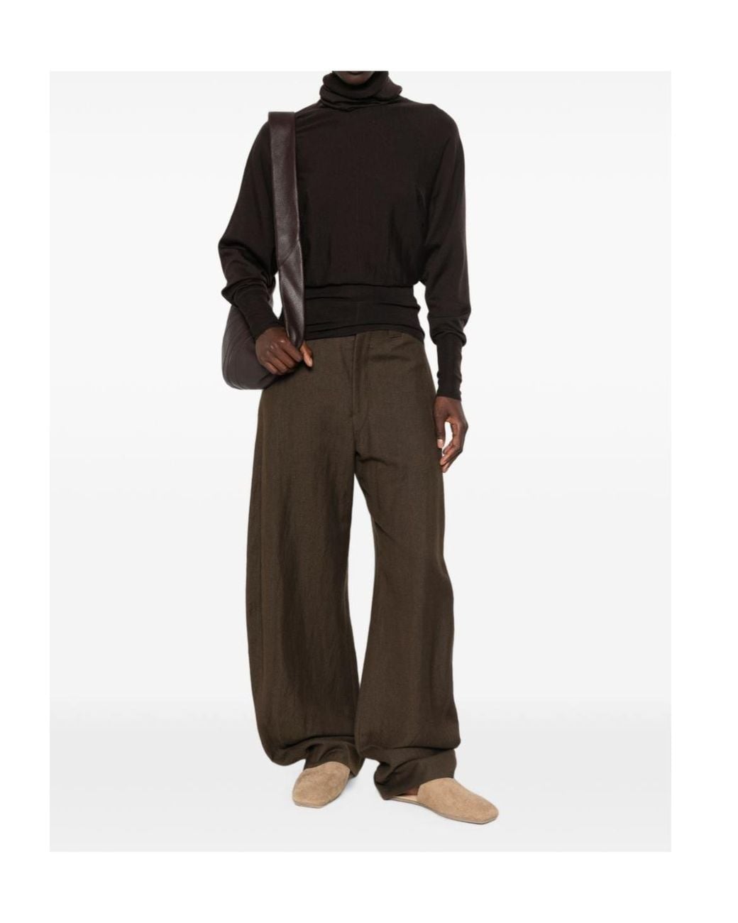 Soeur Brown Sheer, Draped, High-Neck Long-Sleeve Knit Top