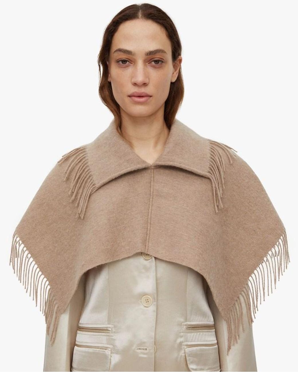 By Malene Birger Natural Fringed Edge Cropped Poncho