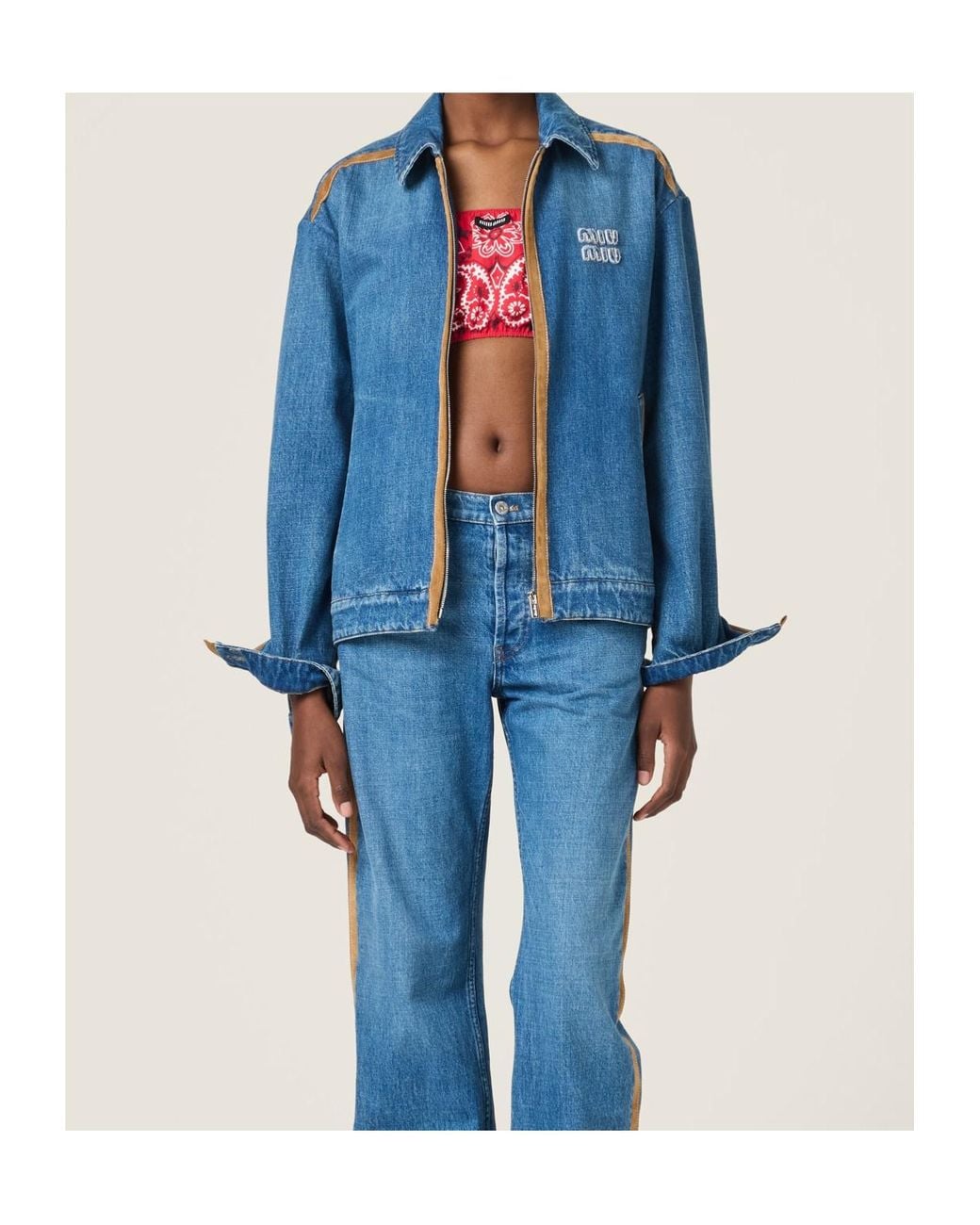 Miu Miu Blue Denim And Leather Blouson Jacket