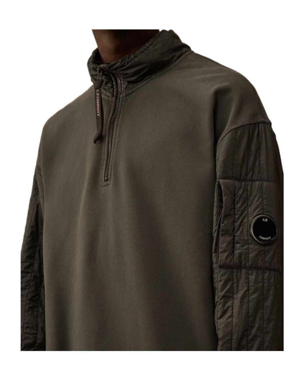 C P Company Green Half-Zip Quilted Sleeve Sweatshirt for men