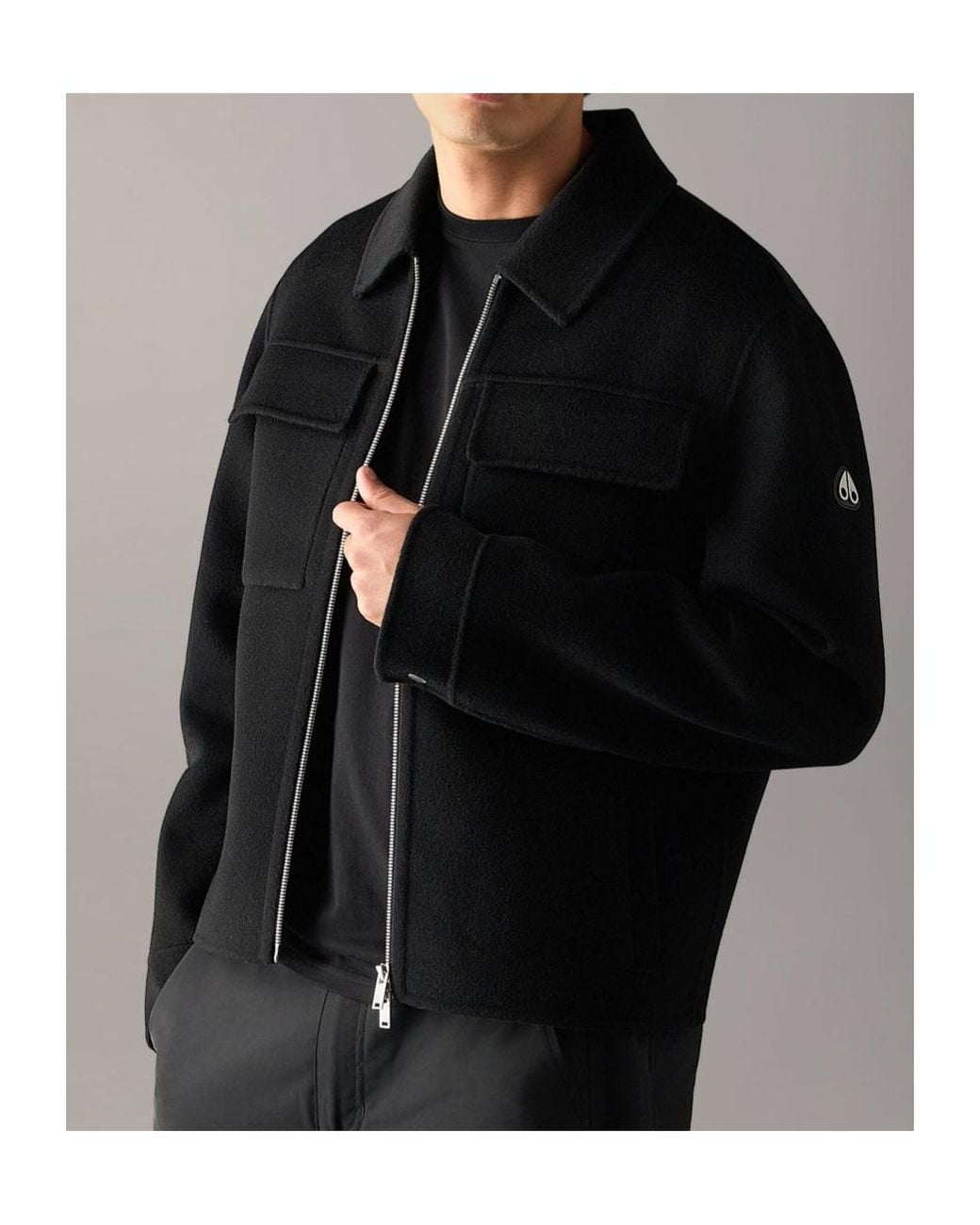 Moose Knuckles Black Logo-Patch Buttoned Jacket for men