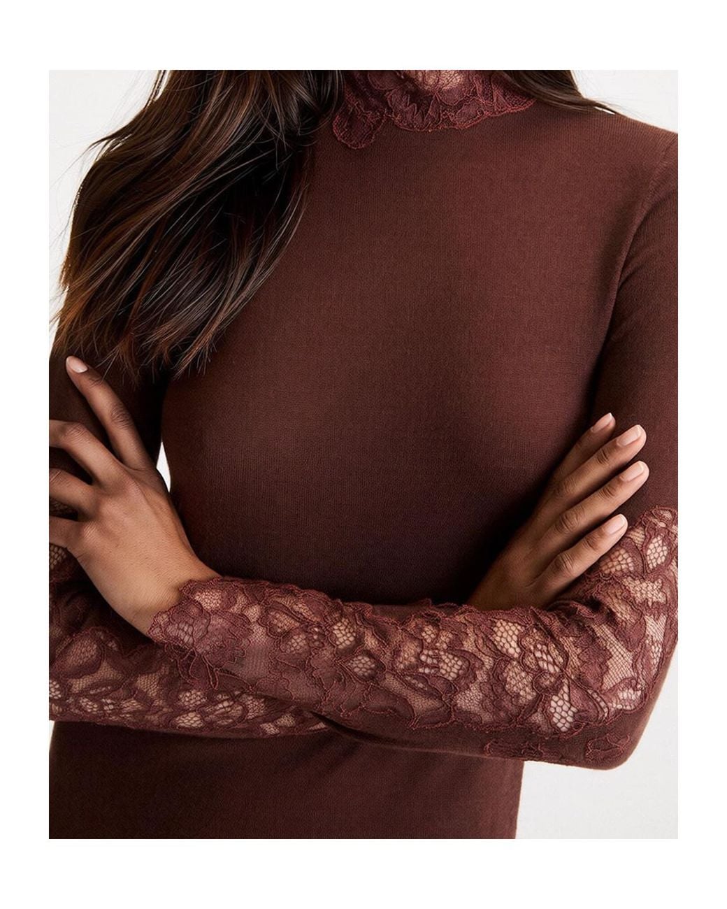 Marella Brown Long Dress With Lace Inserts