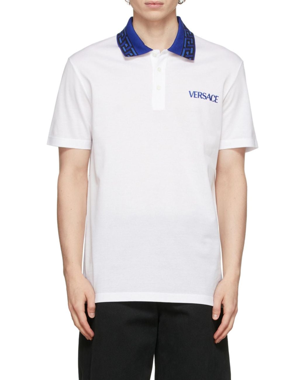 Versace Blue Intarsia-Knit Logo Straight Hem Polo Shirt for men