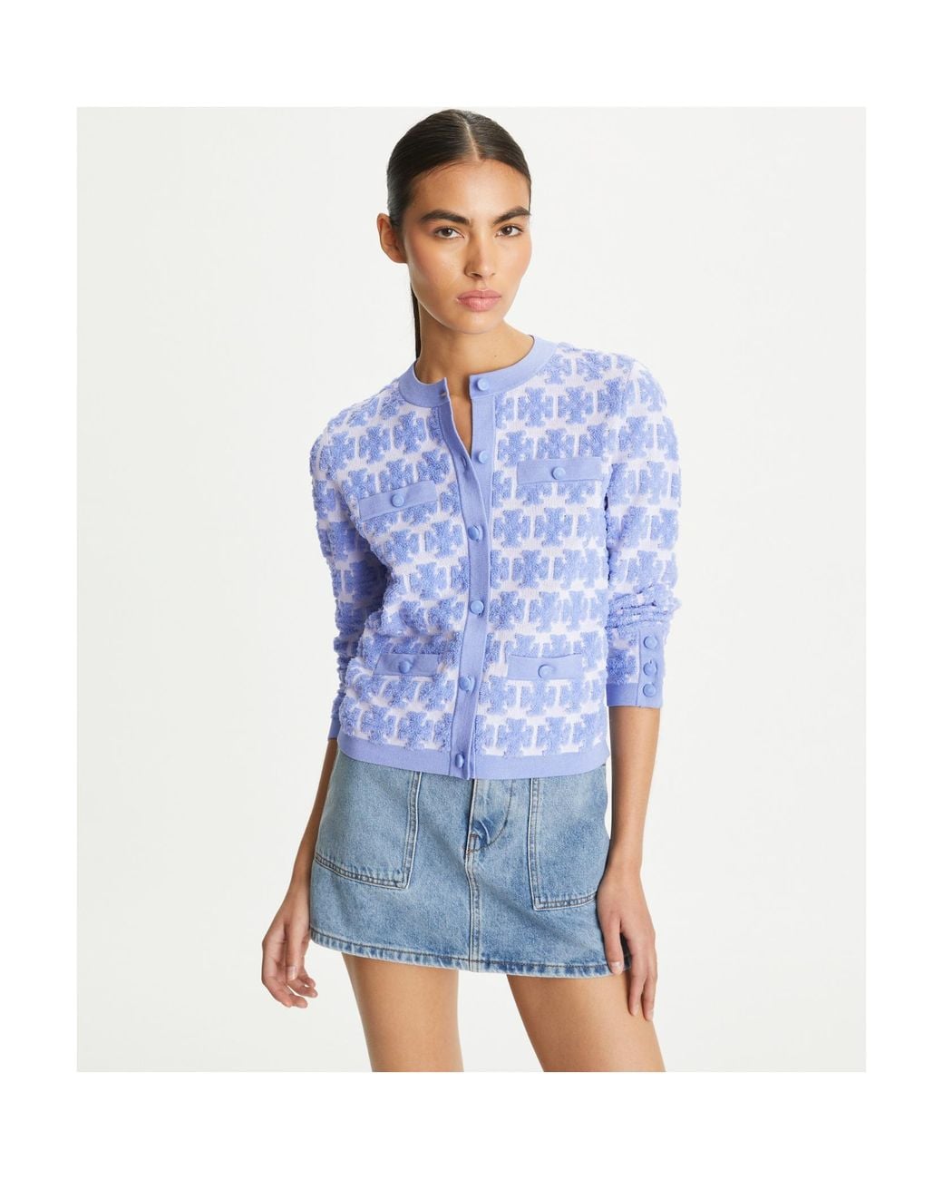 Tory Burch Blue Double T-Monogram Bouclé Cardigan