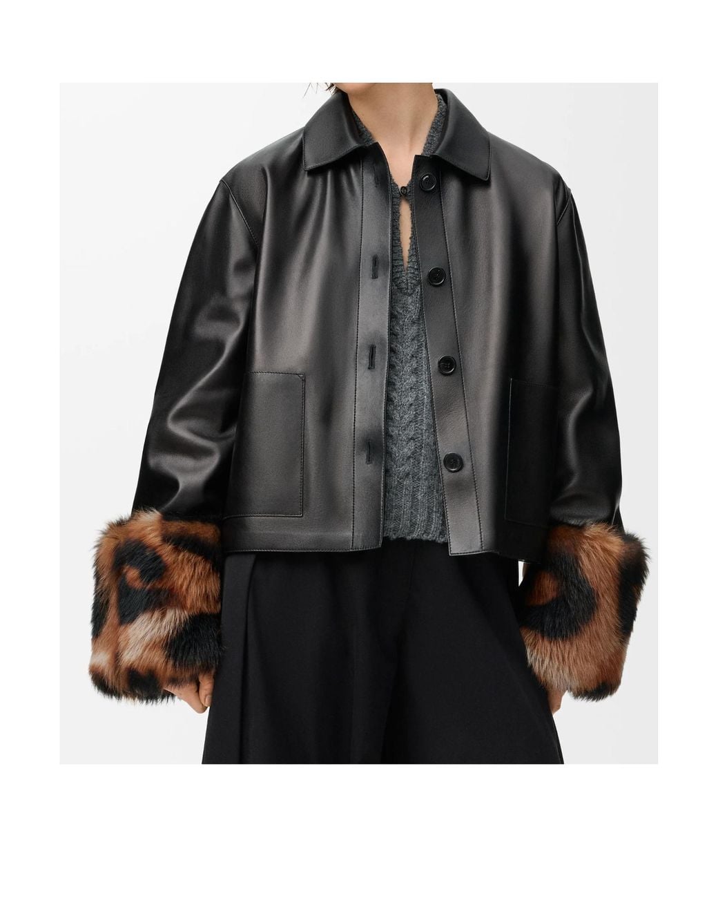 Loewe Black Leopard-Print Shearling-Trimmed Glossed-Leather Jacket