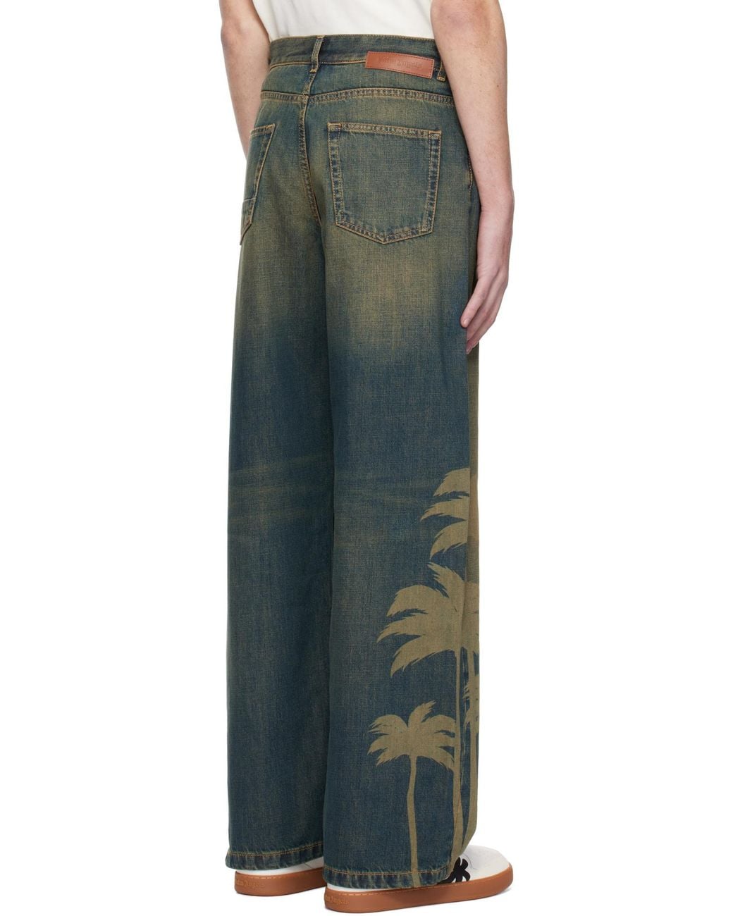 Palm Angels Green Laser Palm Wide Leg Jeans for men