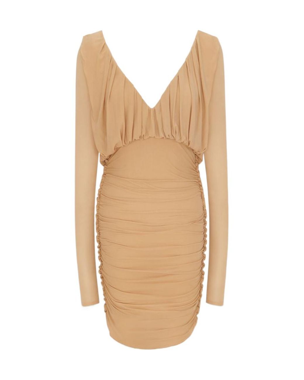 Saint Laurent Natural V-Neck Draped Long-Sleeved Dress
