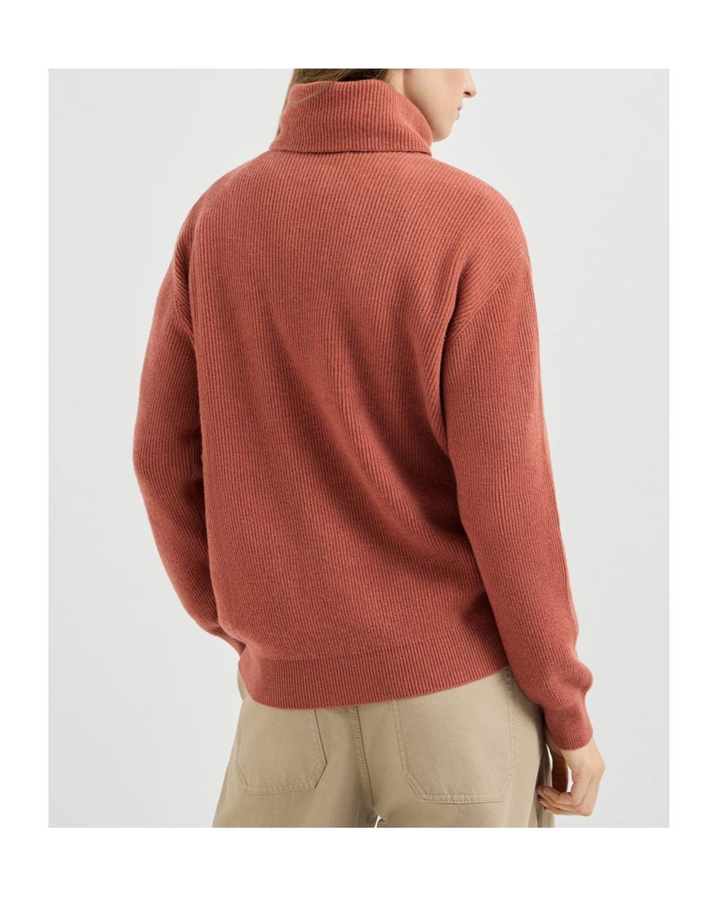 Brunello Cucinelli Red Cashmere English Rib Turtleneck Sweater With Monili