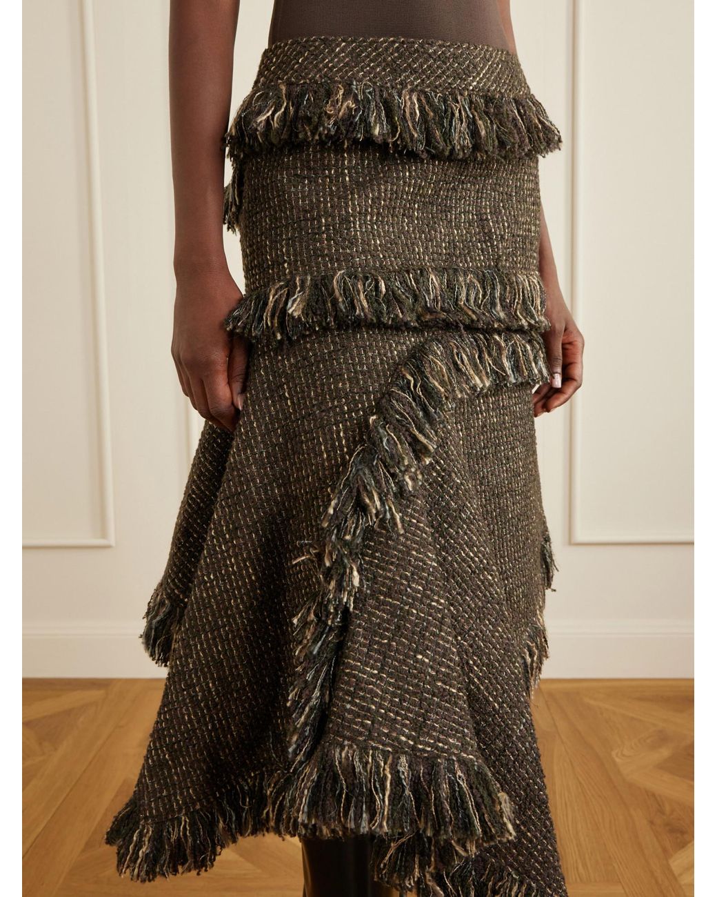 Sacai Brown Fringed Wool-Blend Tweed Midi Skirt