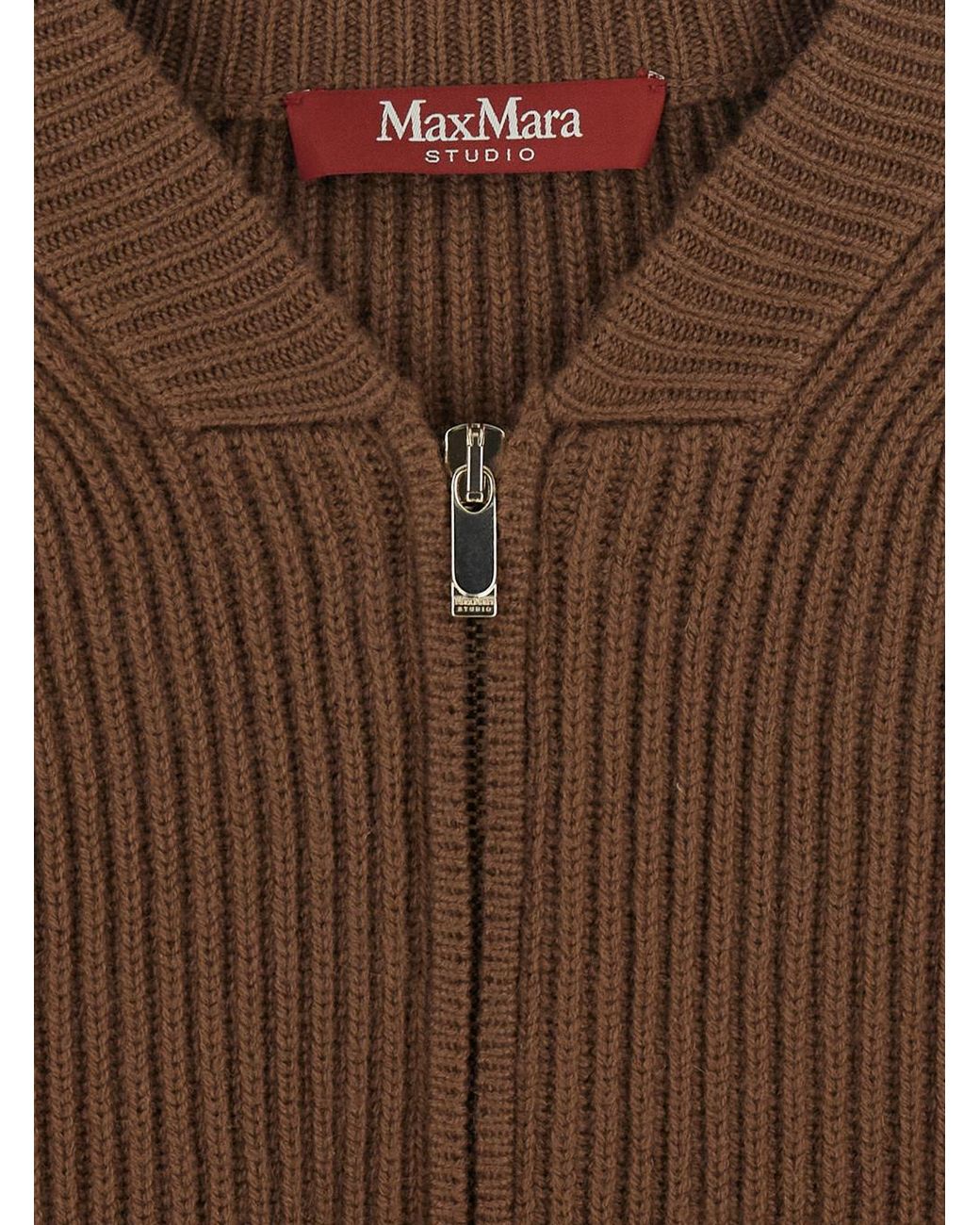 Max Mara Brown Ribbed-Knit Zip-Up Cardigan