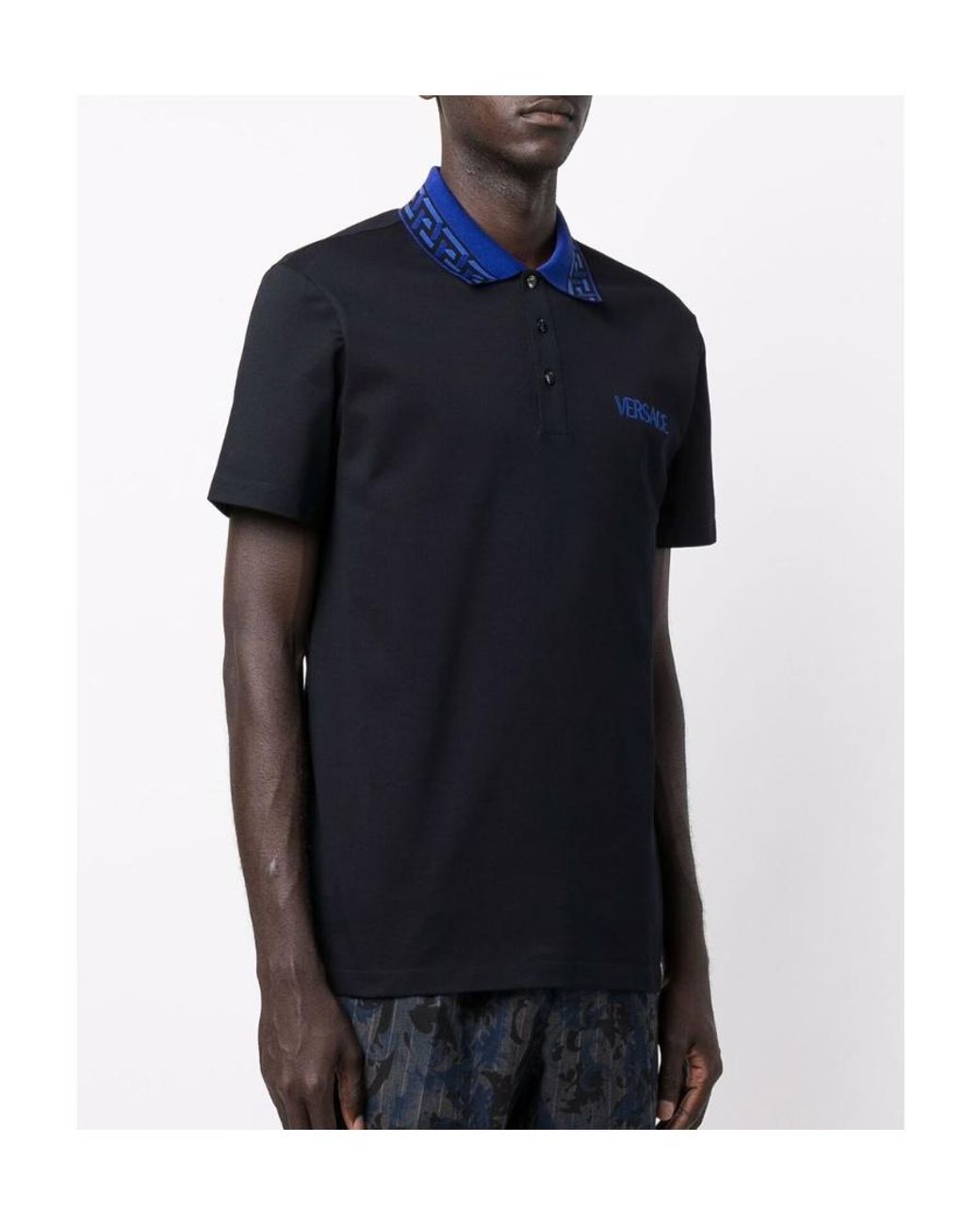 Versace Black Intarsia Logo Short-Sleeved Polo Shirt for men