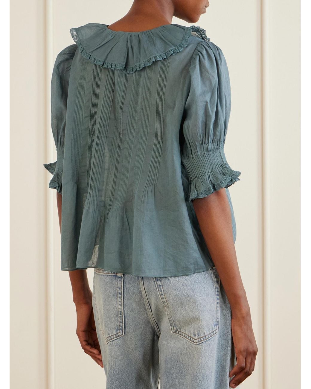 Doen Blue Lace-Trimmed Organic Cotton Blouse