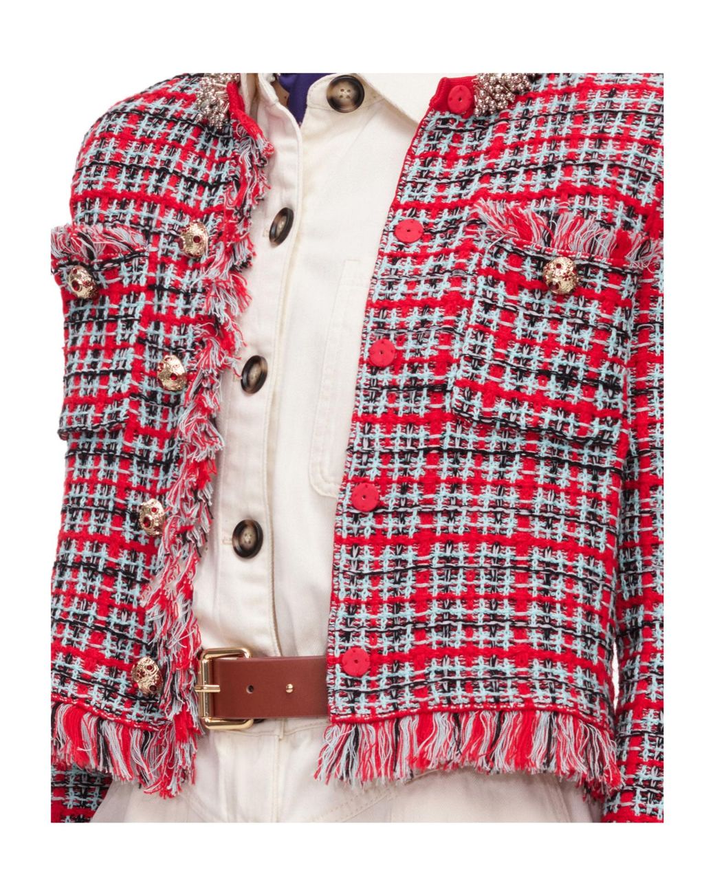 Self-Portrait Pink Fringed Checked Knitted Jacket