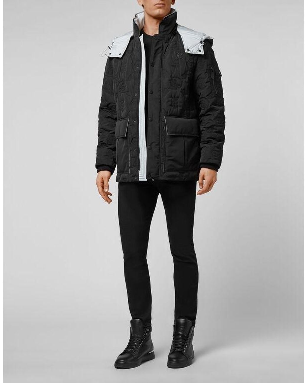Philipp Plein Black Logo-Embroidered Hooded Padded Jacket for men