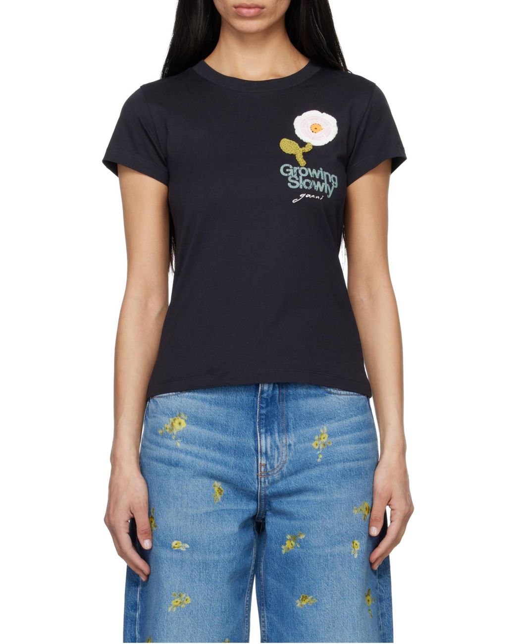 Ganni Blue Crochet Flower Baby Fit T-Shirt