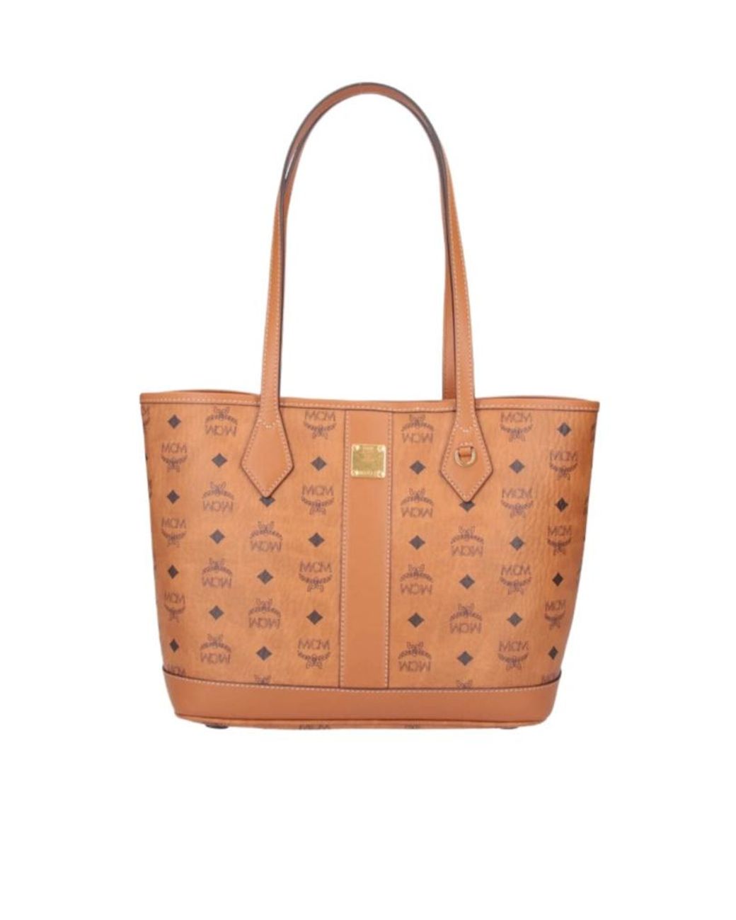 MCM Brown Logo Plaque Monogram Tote Bag