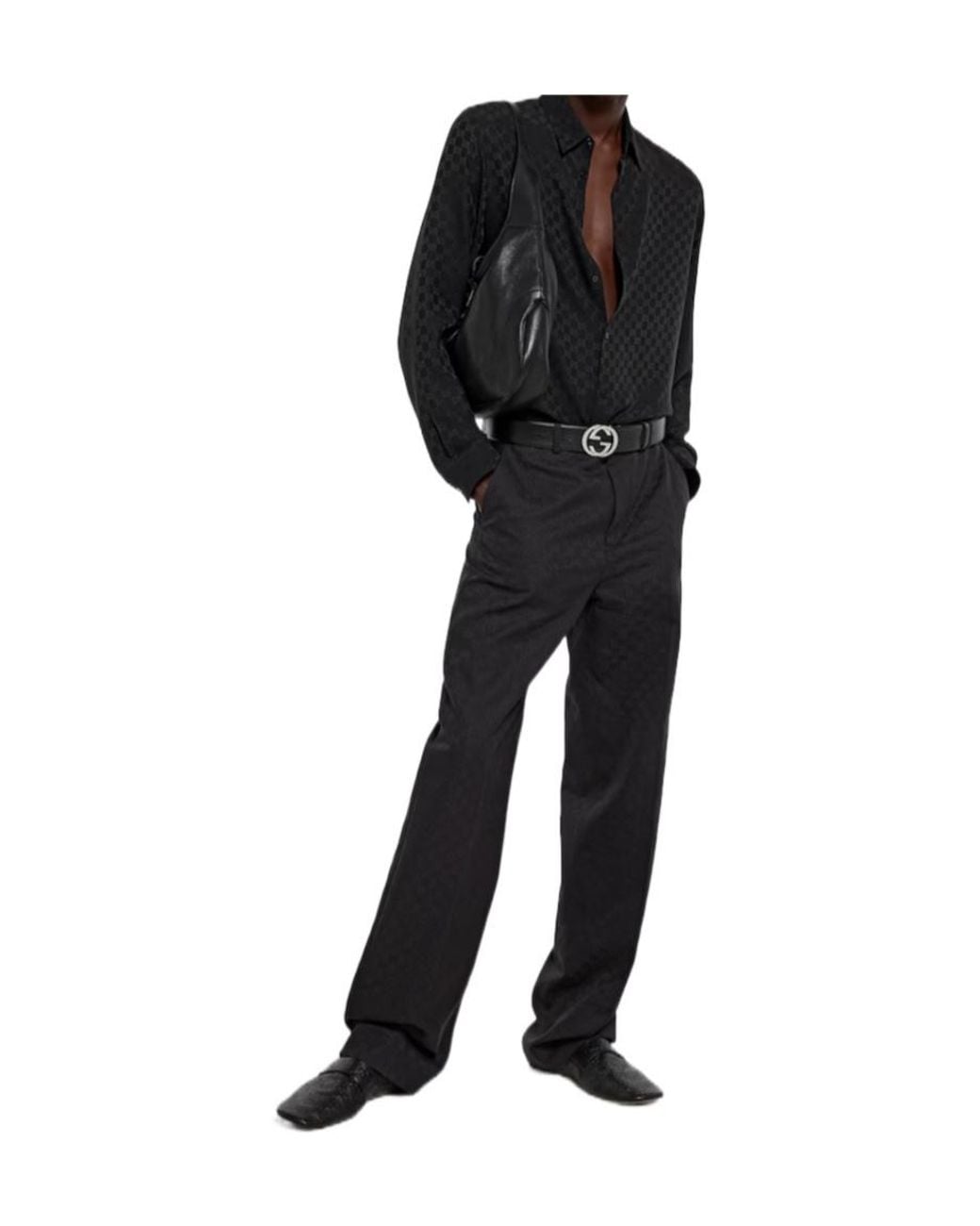 Gucci Black Monogrammed Collared Long-Sleeve Shirt for men