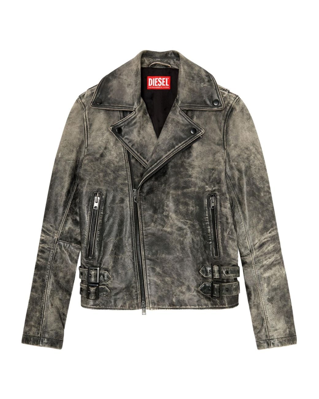 DIESEL Gray Apos;S Treated Leather Biker Jacket for men