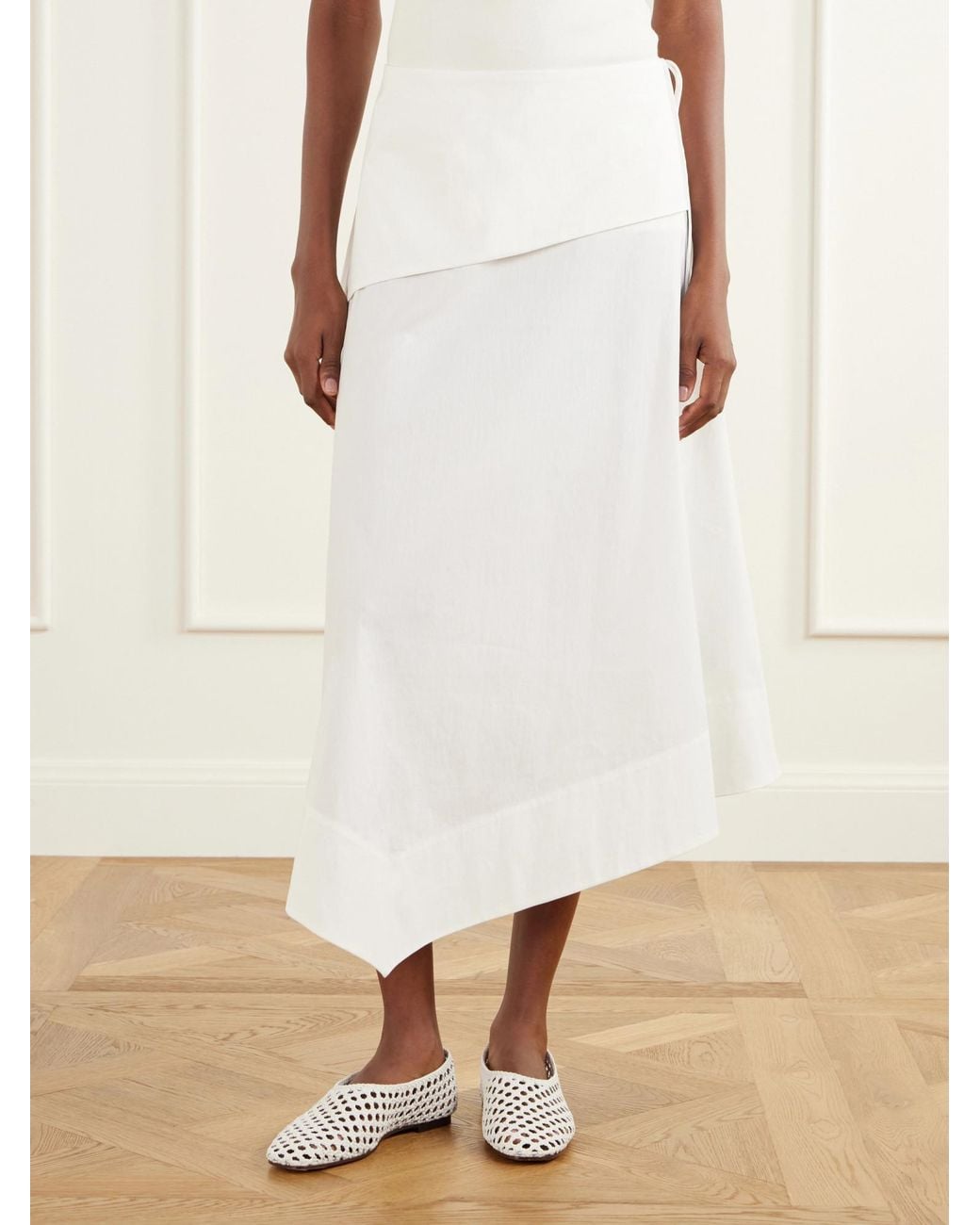 St. Agni White Belted Asymmetric Cotton-Blend Poplin Midi Skirt