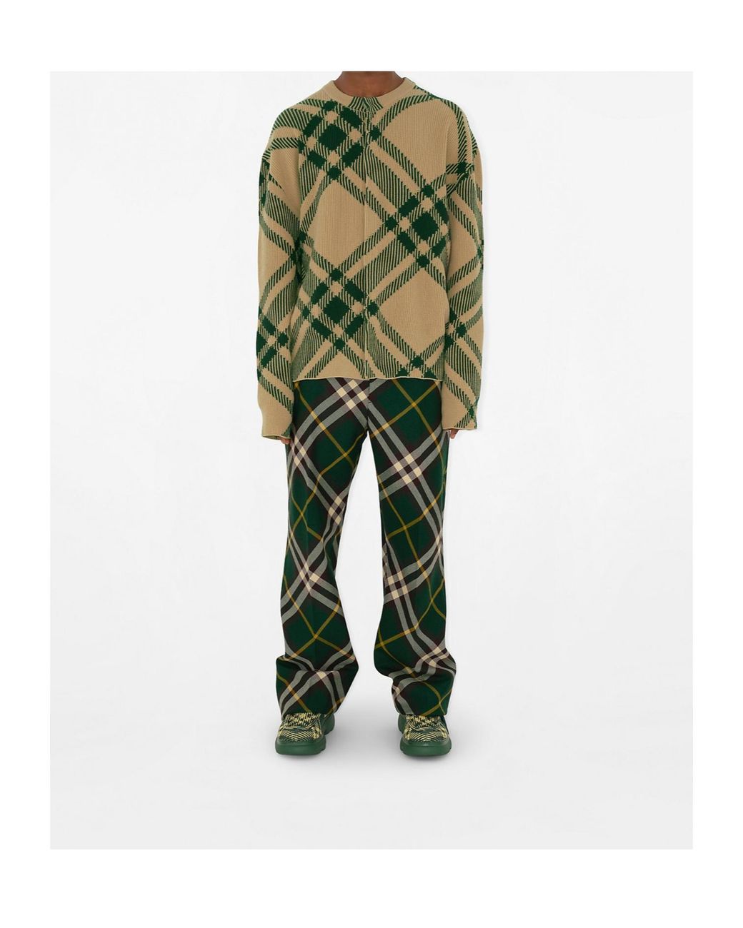 Burberry Green Checkered Intarsia Knit Crewneck Cardigan for men