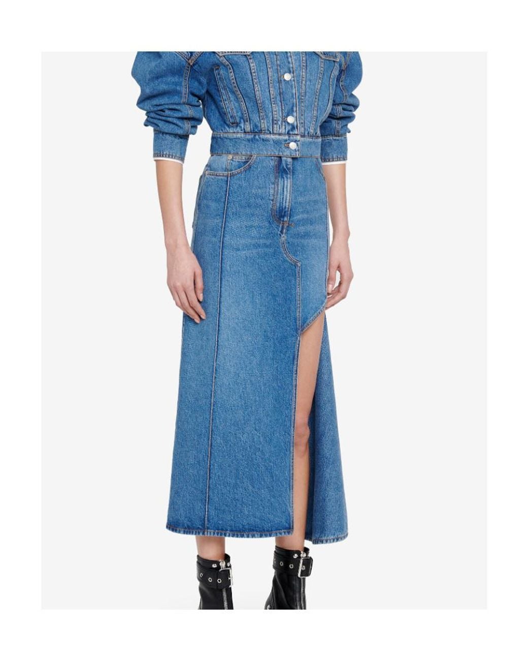 McQueen Blue Slashed Cut-Out Denim Midi Skirt
