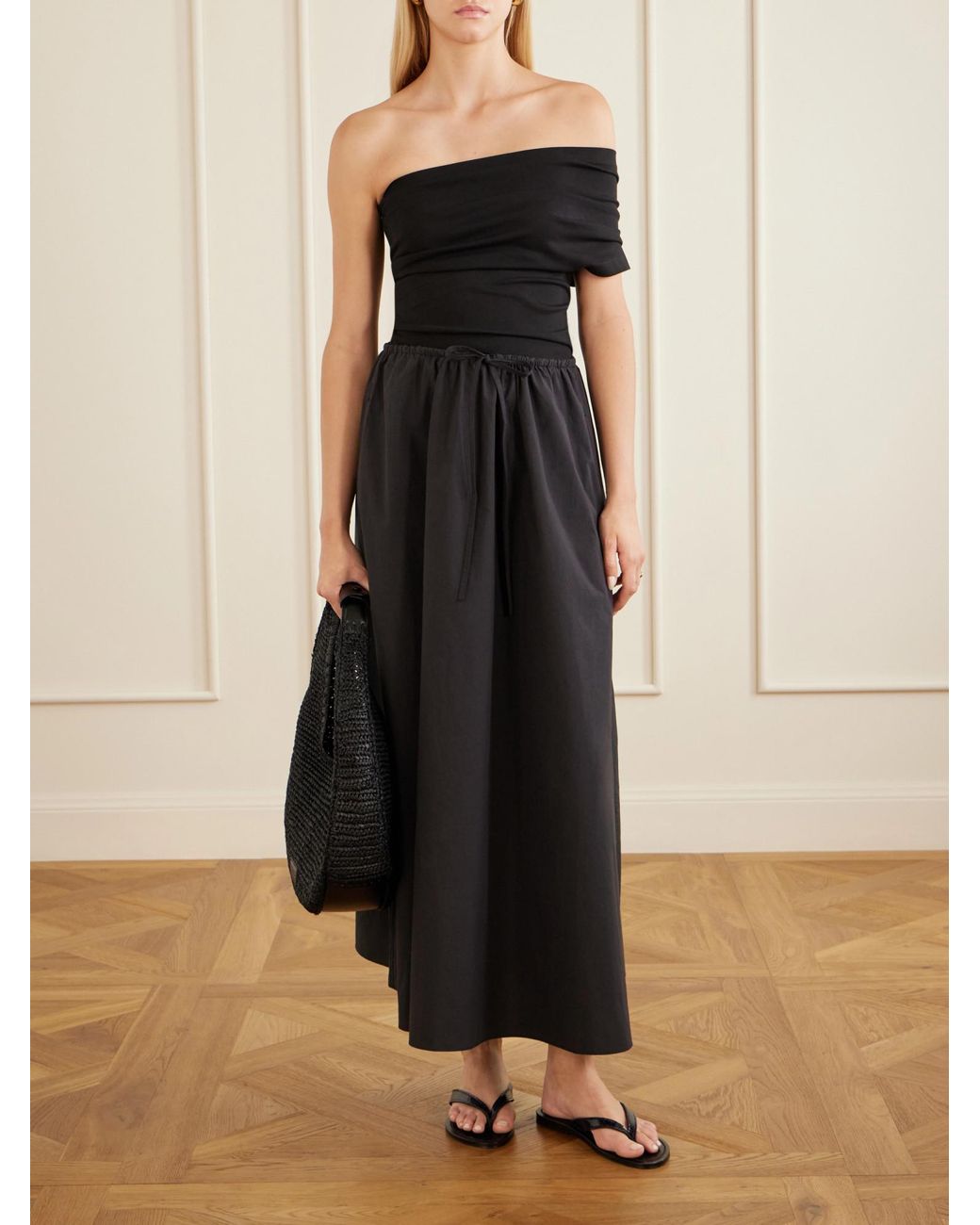 Matteau Black Organic Cotton-Poplin Midi Skirt