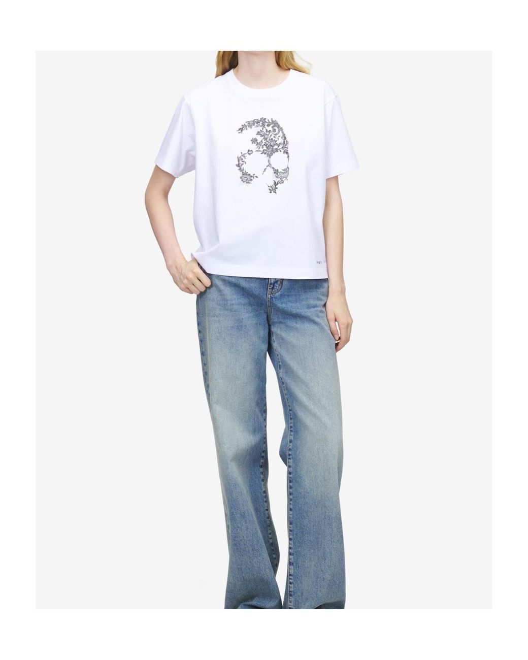 McQueen White Cotton Lace Skull T-Shirt