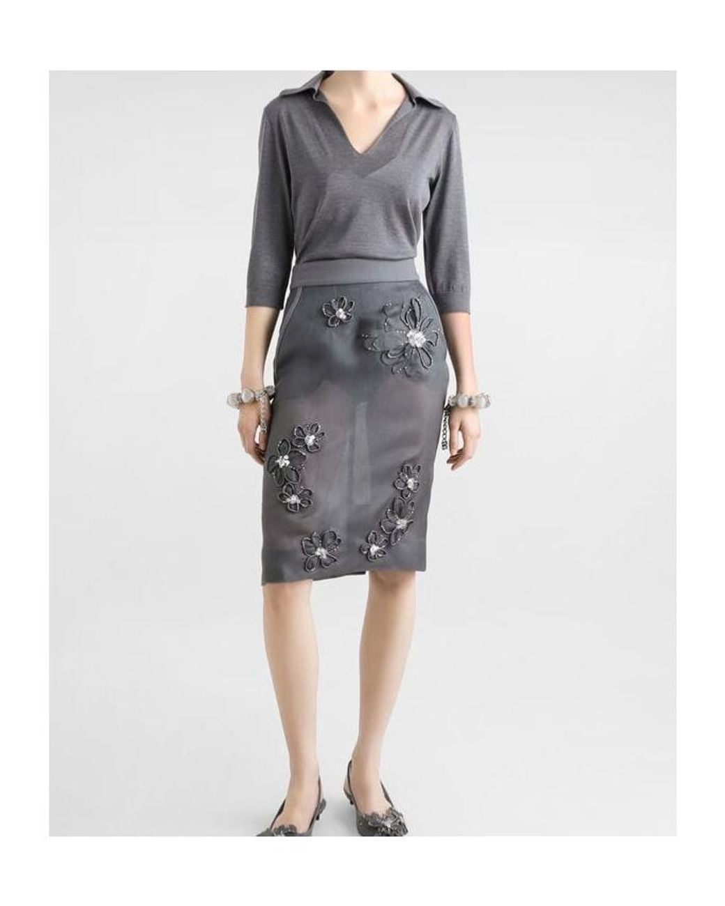 Dolce & Gabbana Gray Floral-Appliqué Midi Skirt