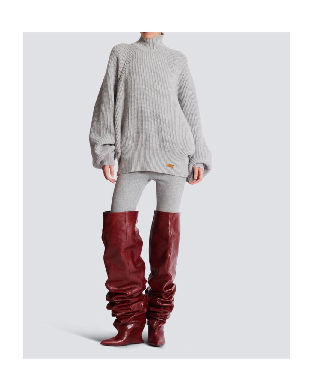 Balmain Gray High-Neck Ribbed Knit Jumper