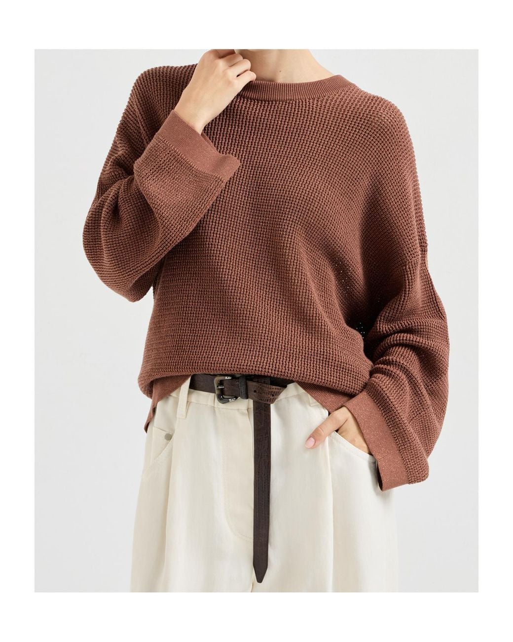 Brunello Cucinelli Brown Sparkling-Detail Long-Sleeve Sweater