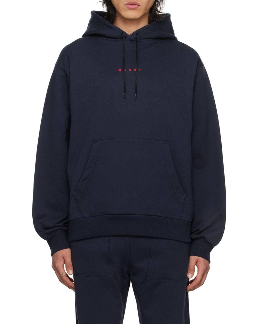 Marni Blue Logo Printed Drawstring Hoodie for men