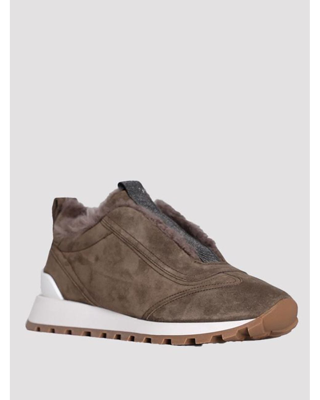 Brunello Cucinelli Brown Suede Runners With Shearling Lining And Precious Detail