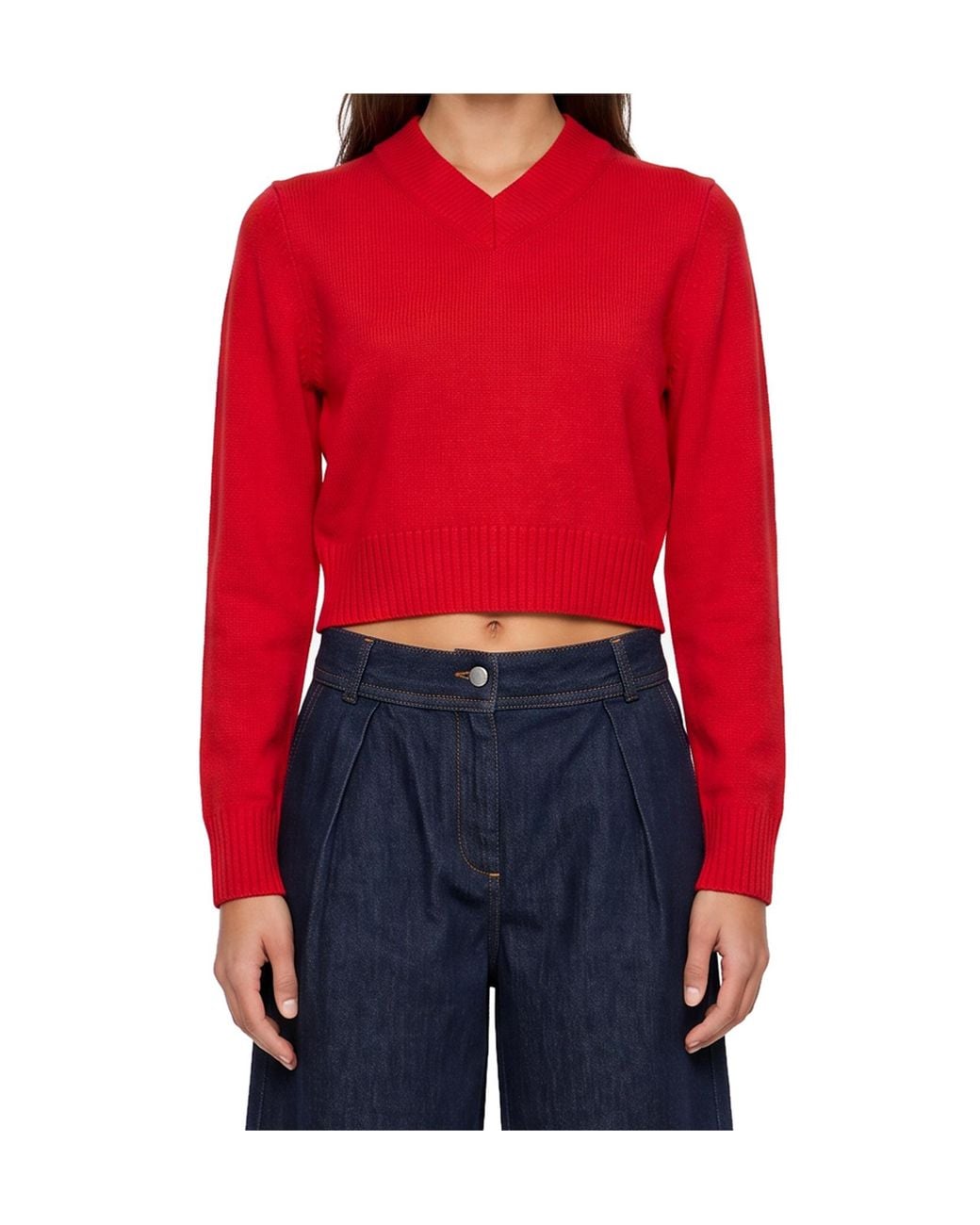 Soeur Red V-Neck Cropped Knit Sweater