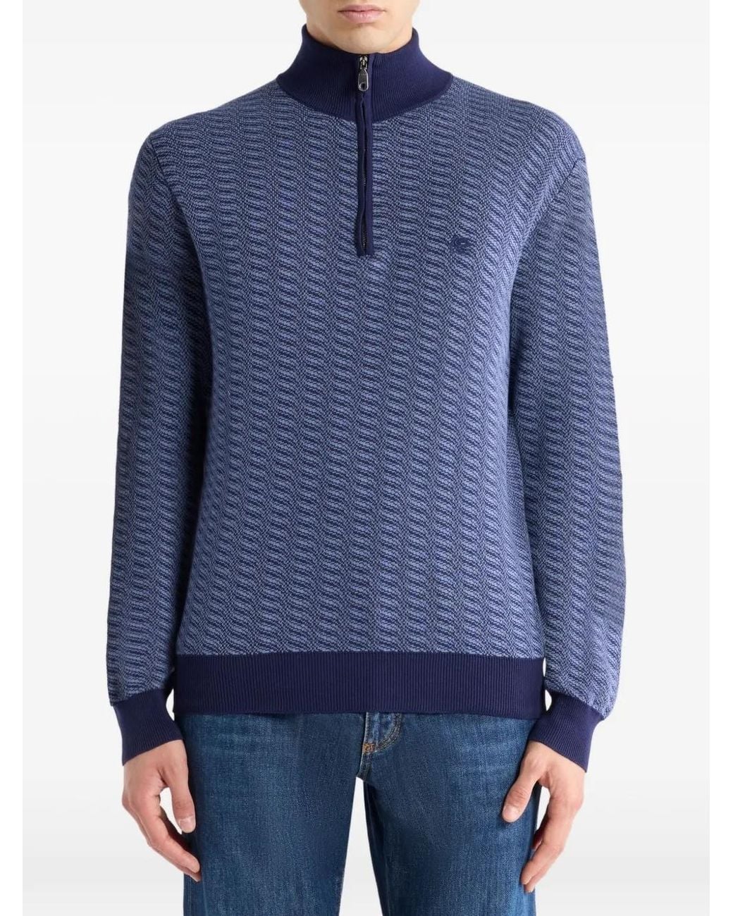 Etro Blue Cotton Jacquard Sweater With Zip And Pegaso Embroidery for men