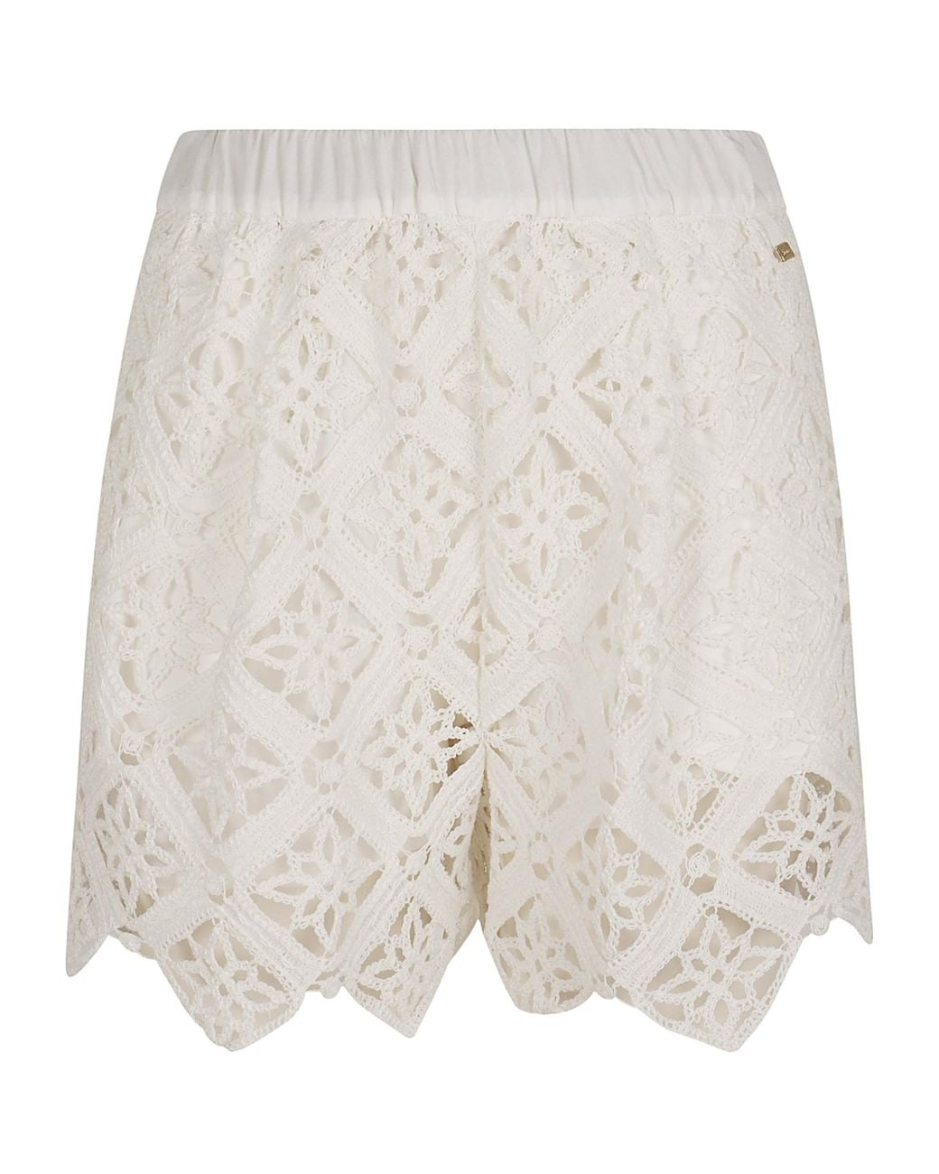 Herno White Cotton Macramé Shorts With Scalloped Hemline And Elastic Waistband
