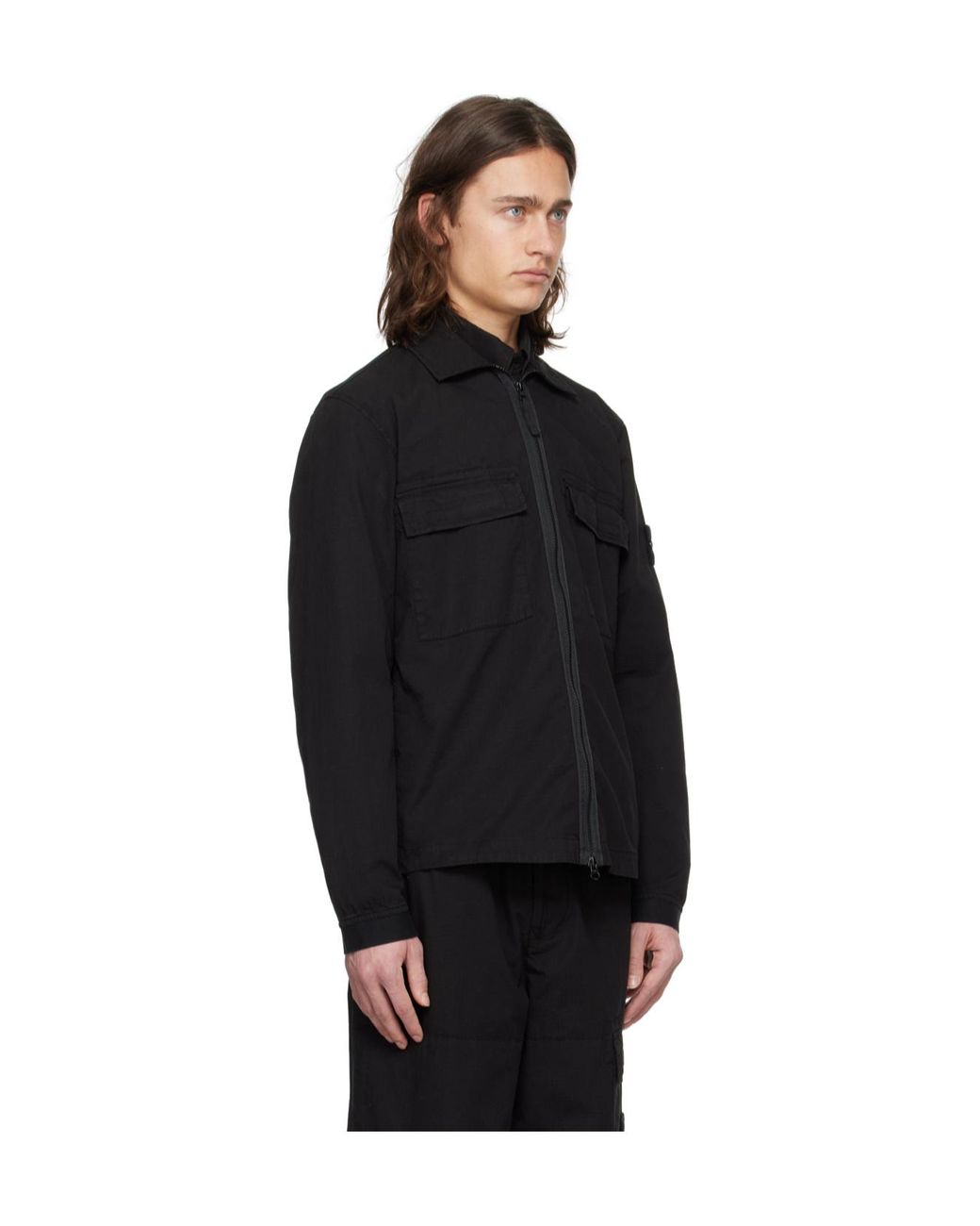 Stone Island Black Compass-Appliqué Zip-Up Shirt for men