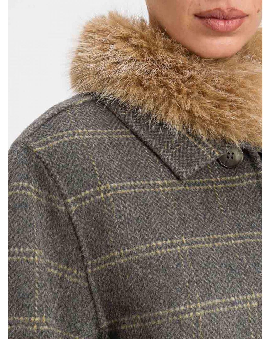 Twinset Gray Double Check Wool Caban Coat With Faux Fur