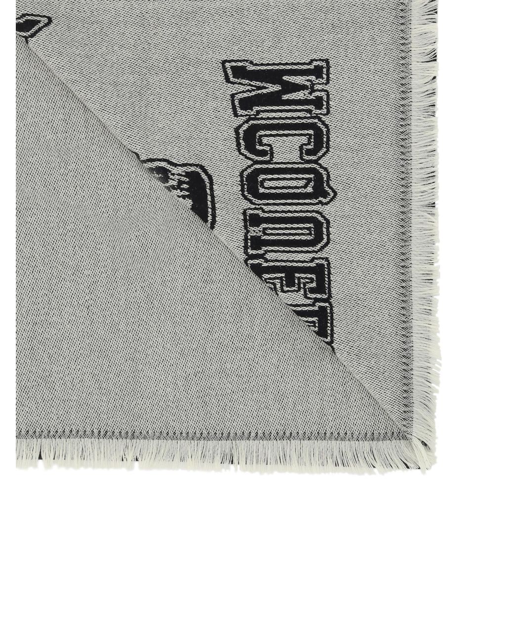 McQueen White Logo Intarsia Knitted Fringed Scarf for men