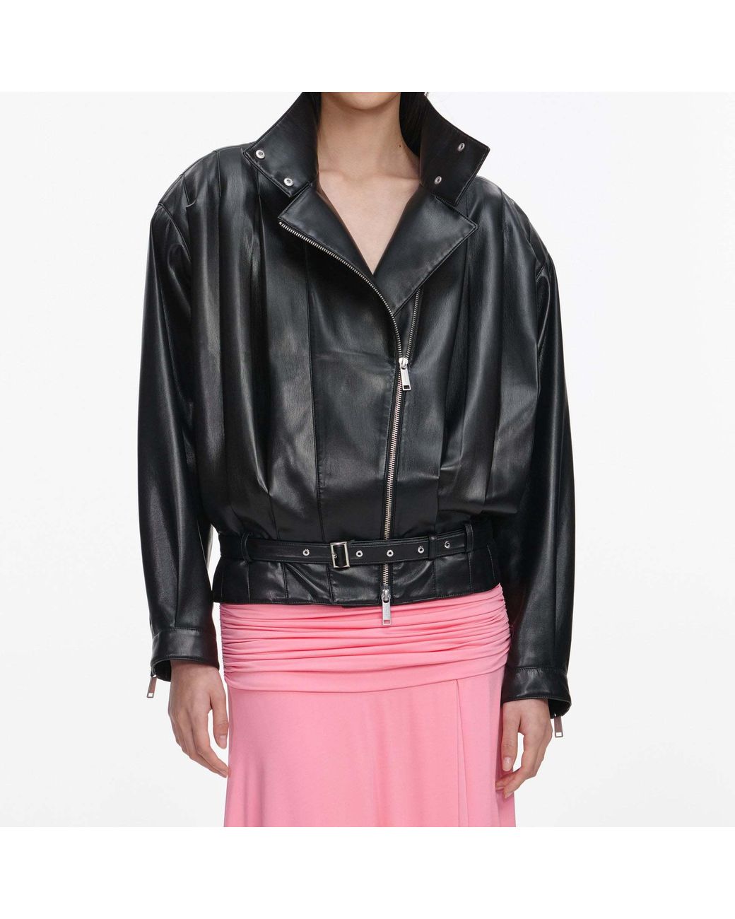Self-Portrait Black Pleated Belted Biker Jacket