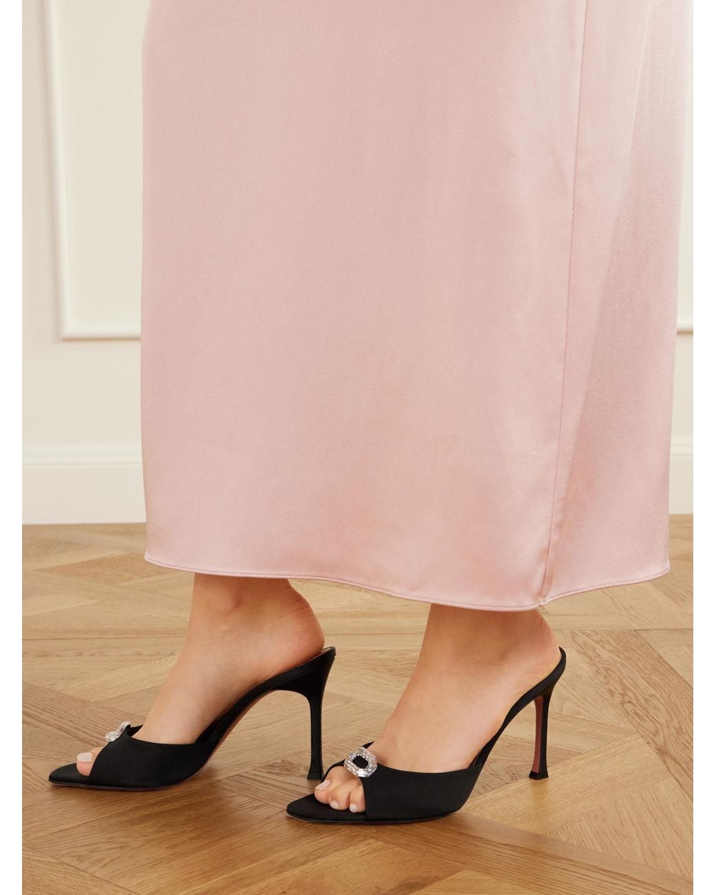 AMINA MUADDI Black Embellished Satin Sandals