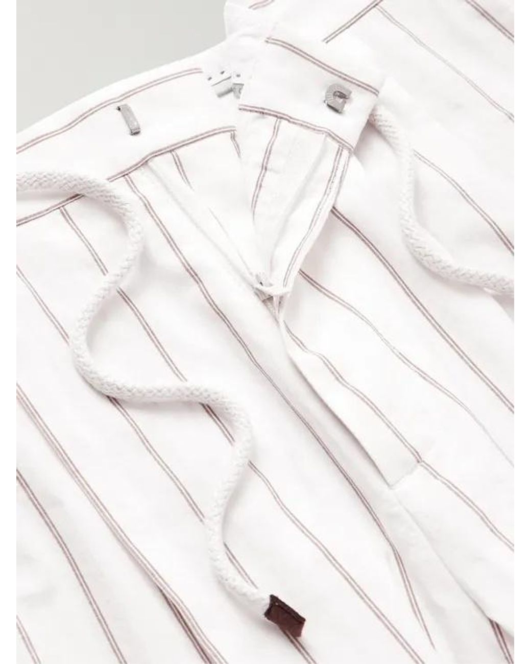 Brunello Cucinelli White Striped Drawstring Cotton Trousers for men