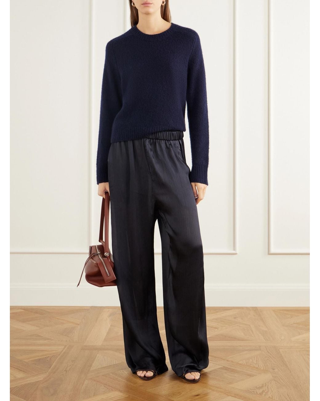 Tibi Blue Plissé-Satin Wide-Leg Pants