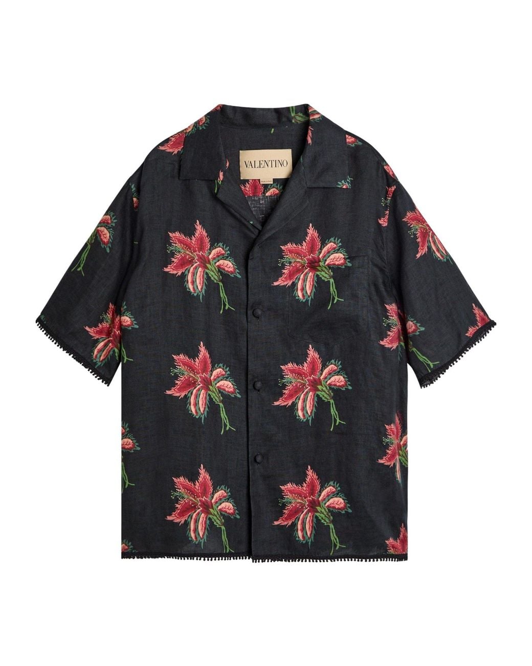 Valentino Black Floral-Print Linen Shirt for men